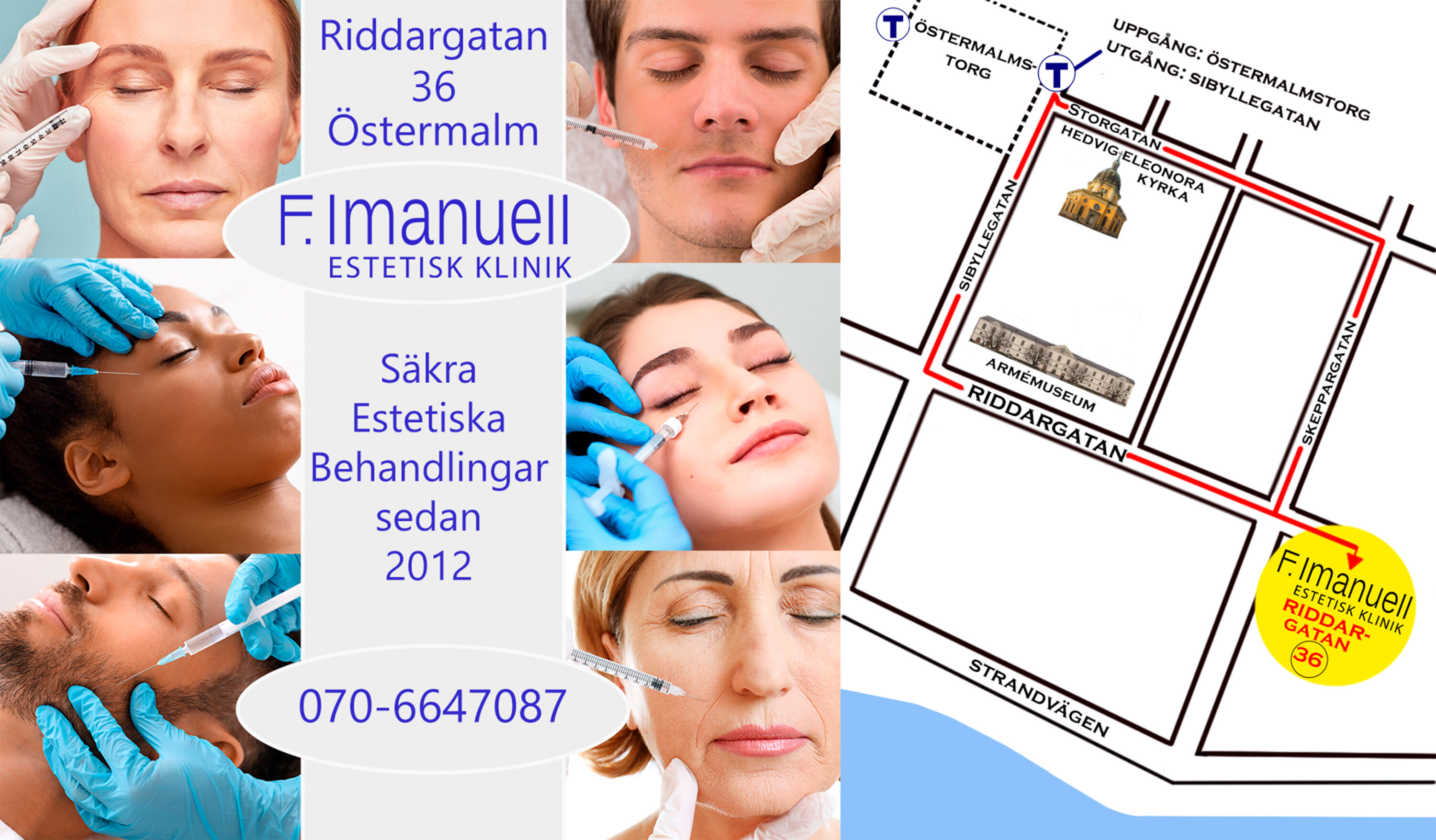 Adress och karta till F. Imanuell Karta med beskrivning av läge för Riddargatan 36 på Östermalm